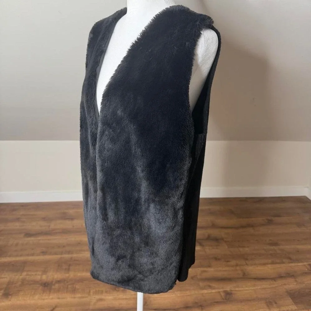 Liz Claiborne Black Faux Fur Open-Front Vest XL Mob Wife Dark Academia Holiday